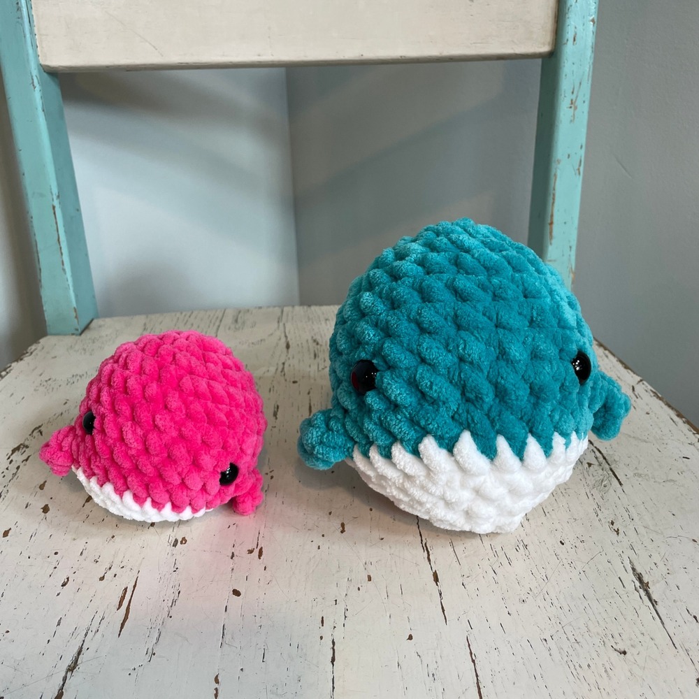 Handmade Crochet Whale Plushie Set Pink and Teal Chenille Amigurumi Soft Toys